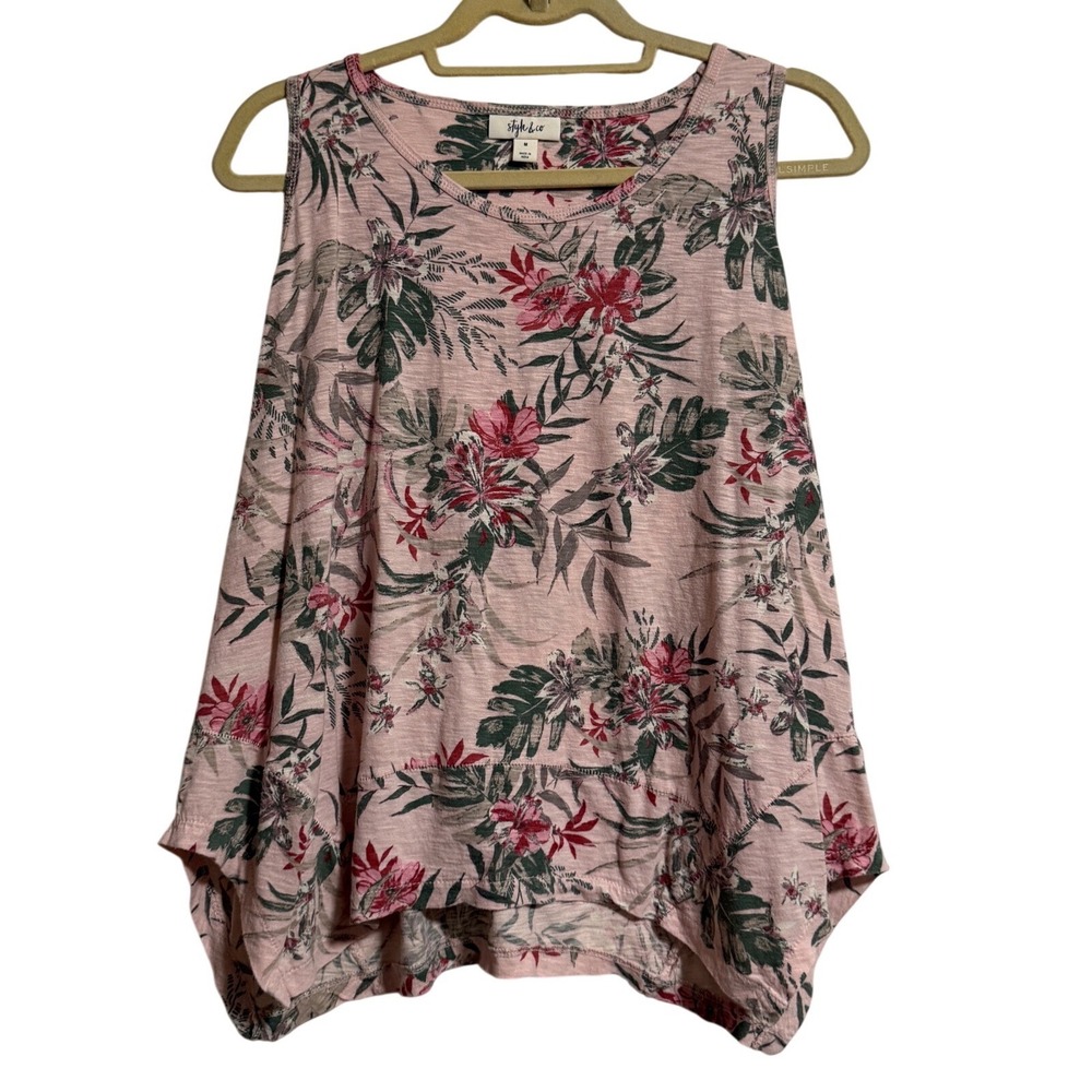 Style & Co Pink Tropical Floral Sharkbite Hem Sleeveless Tank Top Medium